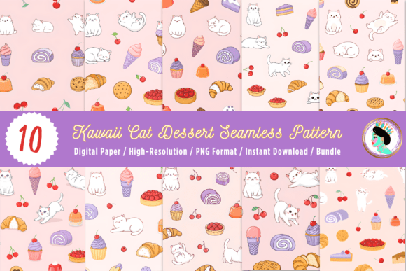 Download Cute Cat Dessert Seamless Pattern Bundle - Premium Resources